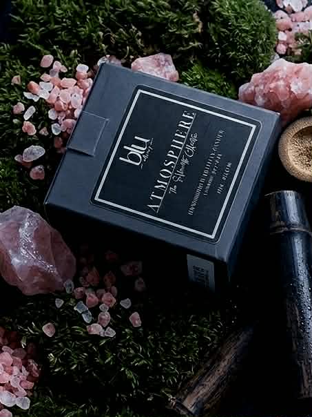 Blu Atmosphere diffuser packaging on a natural background with crystals and moss Still Artisan candle