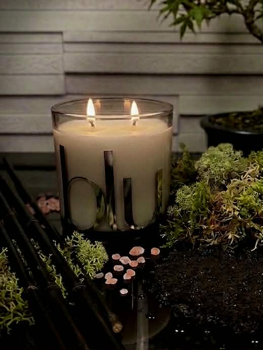 Candle with BLU text in a glass holder on a reflective surface with greenery. Atmosphere by BLU