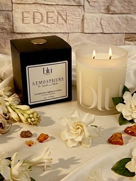 Blu candle with decorative flowers and stones on a textured surface, featuring the brand 'Eden'. Atmosphere by BLU artisan candle