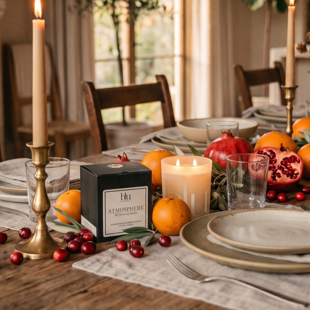 Gather artisan candle in frosted glass vessel beside black packaging box on a holiday dining table setting with brass candlesticks and seasonal citrus