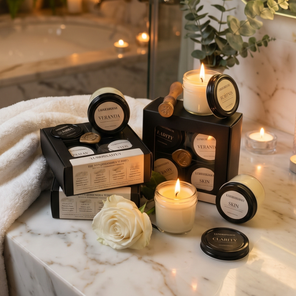 The Zen Discovery Flight showing four lit jars on white marble with white rose