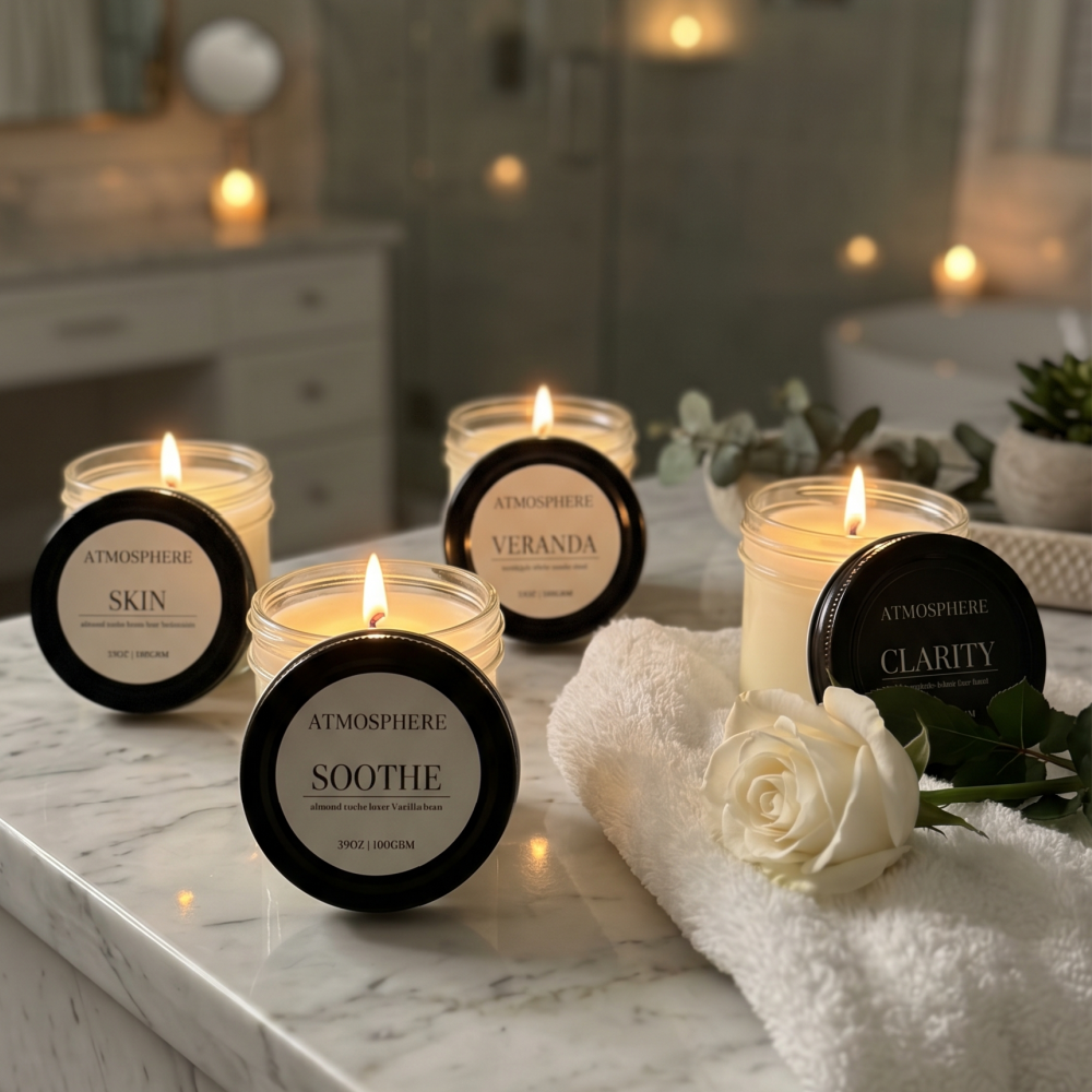 The Zen Discovery Flight artisan candle collection styled in luxury spa bathroom