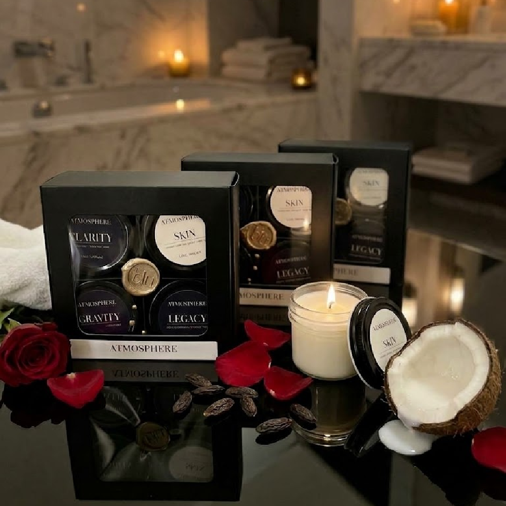 The Zen Discovery Flight artisan candle collection styled in luxury spa bathroom with our Skin candle