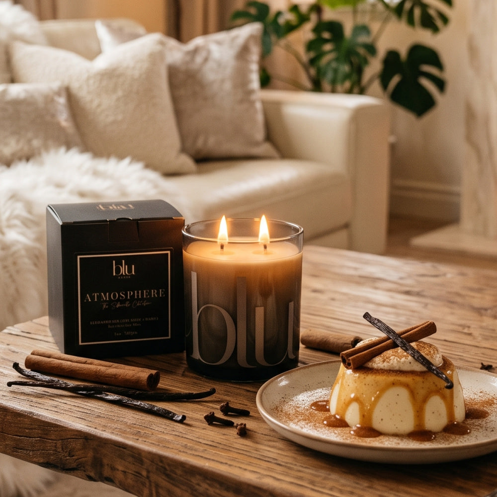 Linger Artisan Candle black box from the ATMOSPHERE Silhouette Collection by BLU resting on a fluffy white fur throw, styled with cinnamon sticks, vanilla bean, and a caramel-drizzled flan dessert.