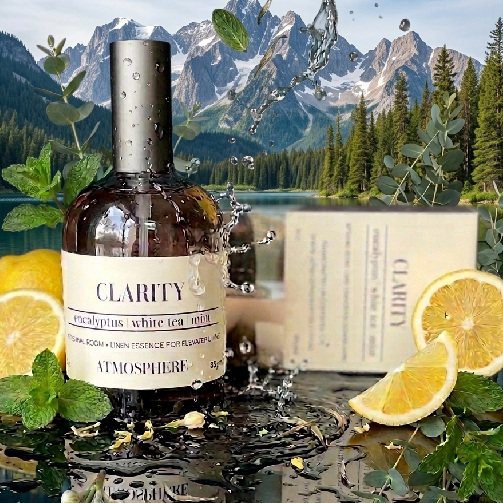 A bottle of Clarity Encephalus White Tea Mood Aromatic Room & Linen Essence for Eucalyptus, styled with lemon slices, mint, and eucalyptus leaves in front of a scenic mountain lake background. The bottle is wet with water droplets, with a splash effect, and a cream-colored product box is visible in the background. eucalyptus room mist