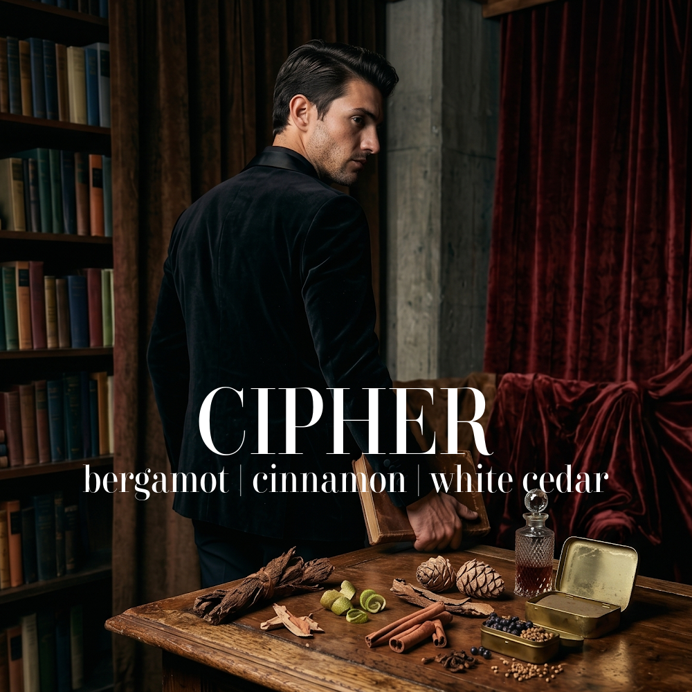 Man in a dark room with a table full of spices and a bookshelf, with 'Cipher' branding. Cipher Artisan Candle
