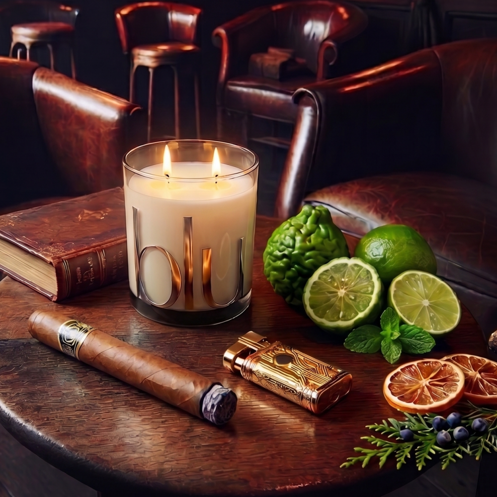 Candle, cigar, lighter, and fruits on a wooden table with a cozy indoor setting. Seductive energy, cipher artisan candle