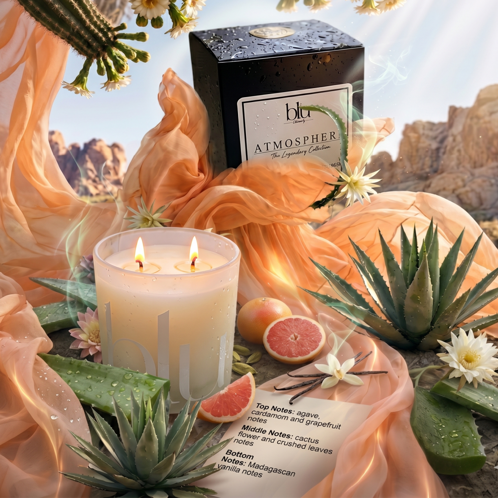 Blu Atmosphere candle with packaging, surrounded by plants and flowers with a desert landscape in the background. Dew Artisan candle