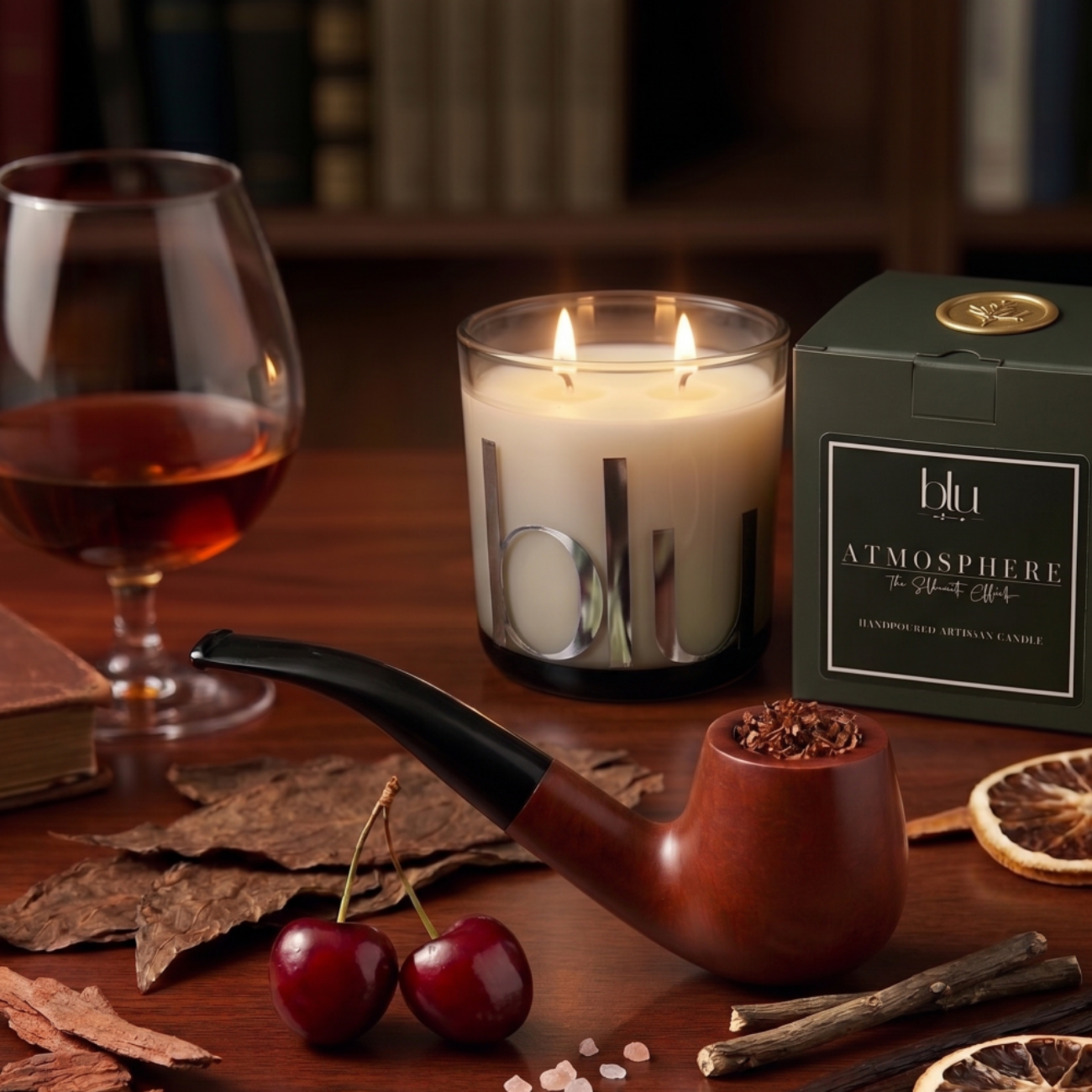 Candle, glass of brandy, pipe, and other items on a wooden surface with 'blu' branding. masculine grounding scent