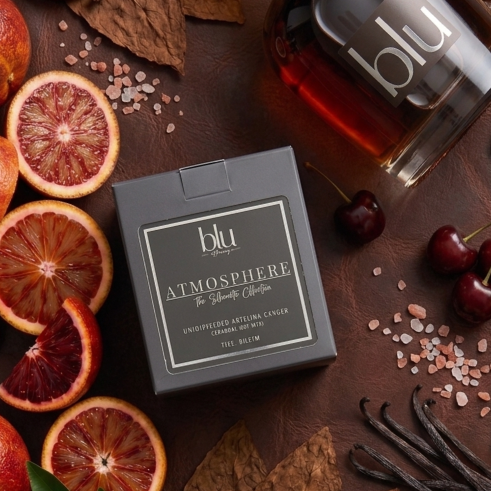 Box of blu Atmosphere with blood oranges, cherries, and vanilla beans on a wooden surface masculine grounding scent