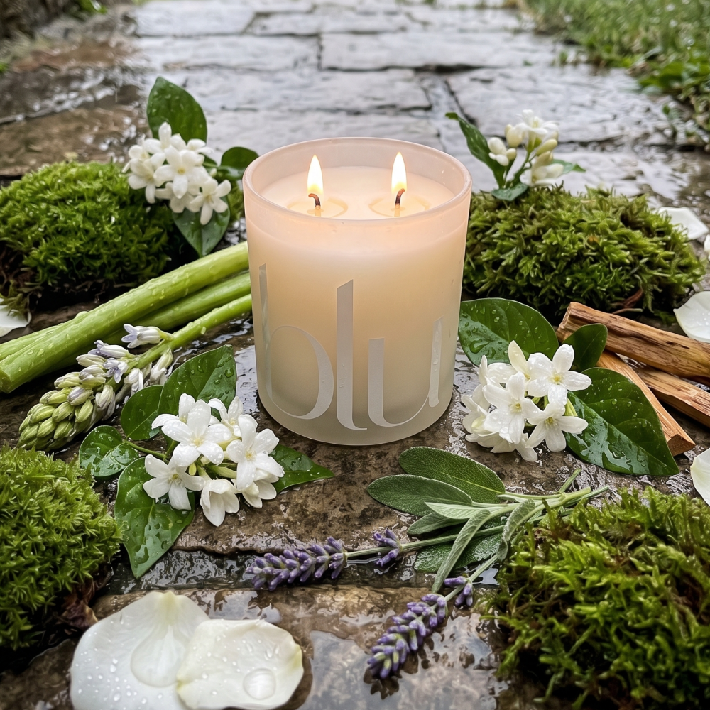 Candle with 'elu' branding surrounded by flowers and greenery on a stone scent of summer rain surface scent of summer rain