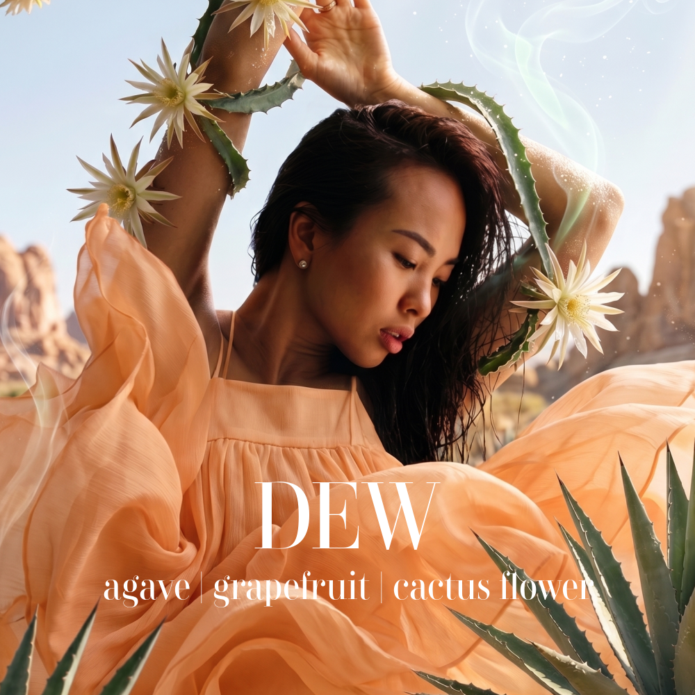 Woman in an orange dress holding cactus flowers with 'DEW' branding in a desert setting. Dew Artisan Candle