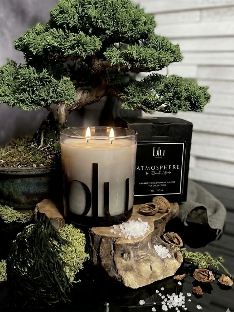 A lit Gravity artisan candle on a modern desk, providing a grounded home fragrance to help focus and quiet the chaos