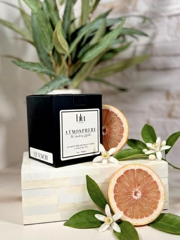 Quench Artisan Candle by Atmosphere by BLU, an 11oz luxury hand-poured candle in a frosted glass vessel designed for a restorative aroma ritual