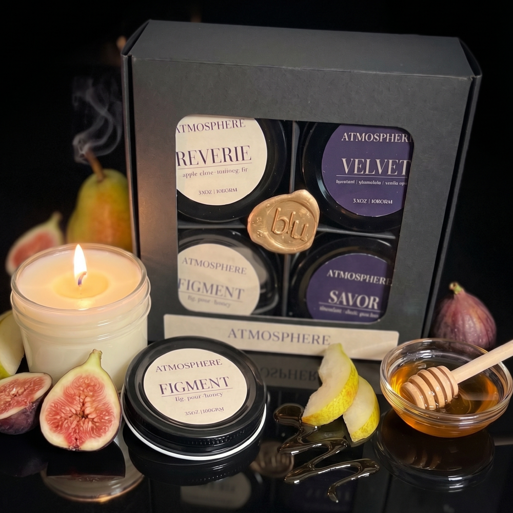 Atmosphere by BLU Figment luxury candle discovery flight with fresh figs, honey, and sliced pears