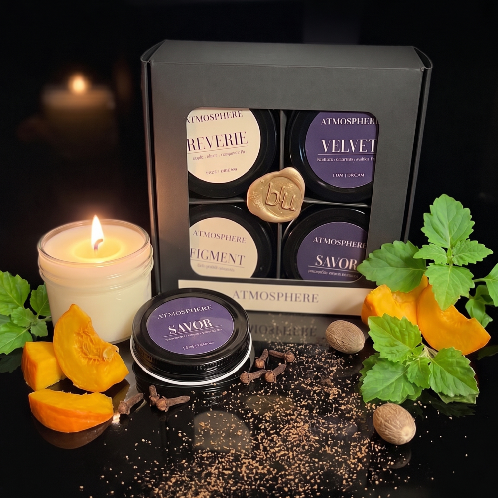 Atmosphere by BLU autumn discovery flight gift box with Savor pumpkin candle, nutmeg, and cloves