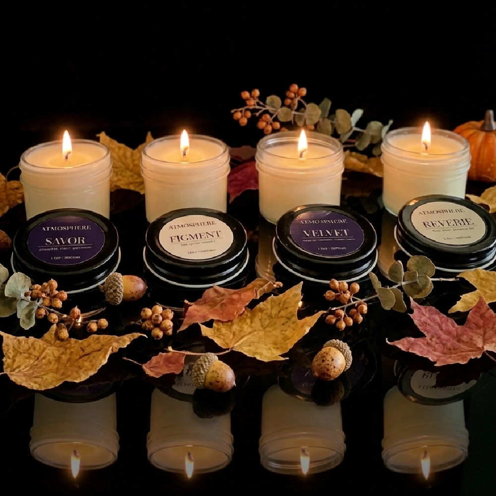 Five candles in glass jars and tins are arranged on a glossy black surface with autumn leaves, acorns, and small berries. Four candles are lit and emit a warm glow, while the tins in front have visible labels reading Savor, Figment, Velvet, and Reverie. Autumn candle discovery set featuring four burning coconut-soy candles on a black reflective surface with fall leaves