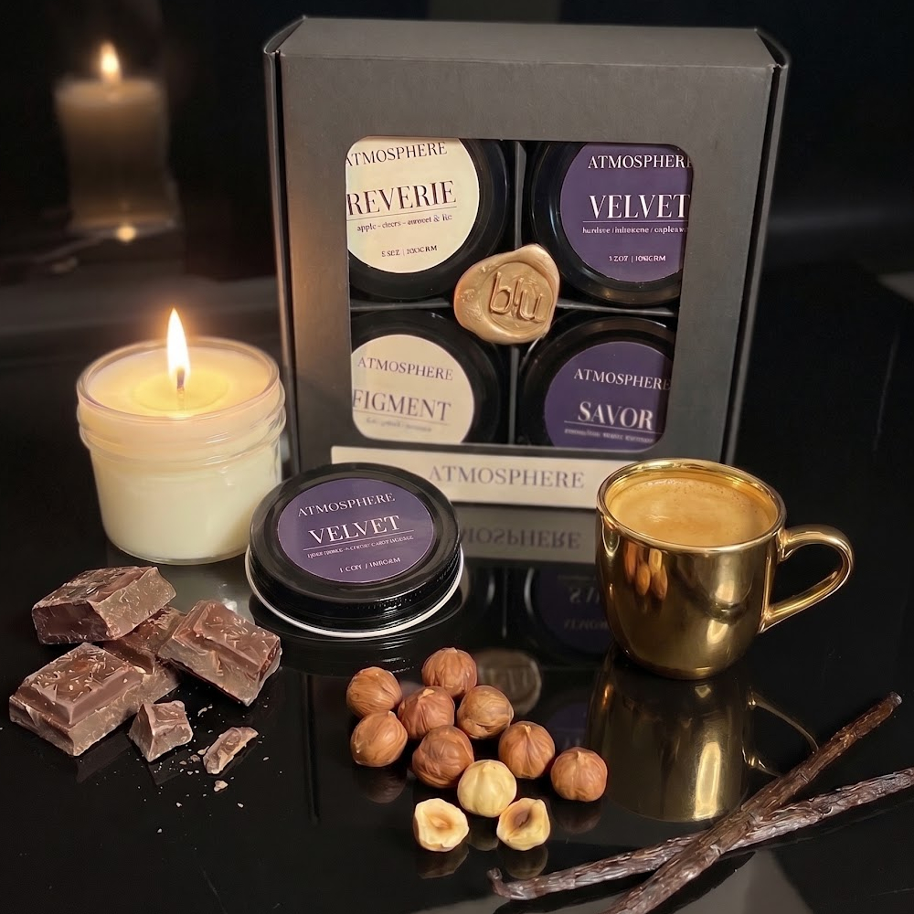Atmosphere by BLU Velvet candle from autumn discovery set with espresso cup, dark chocolate, and hazelnuts