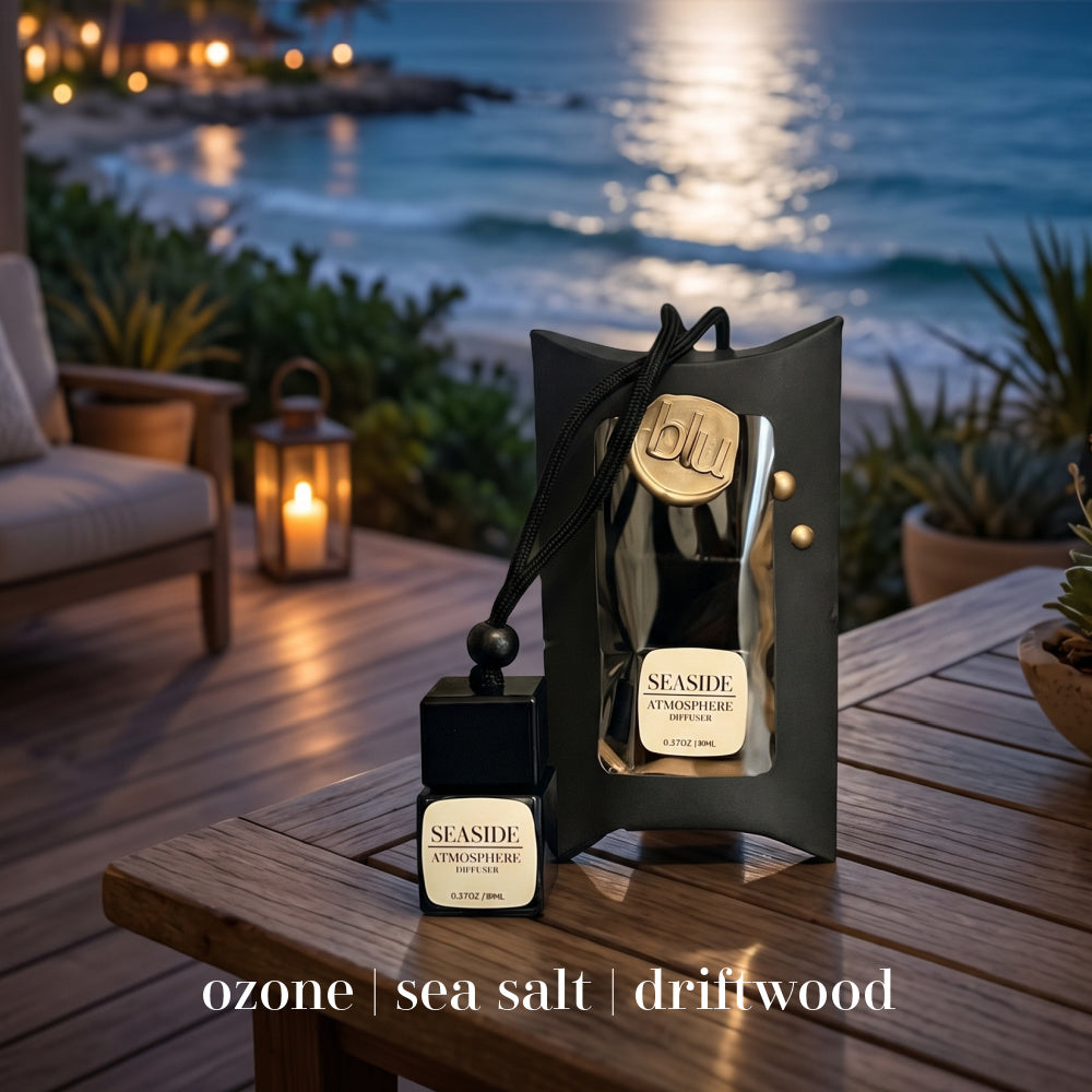 SEASIDE ocean driftwood car diffuser in luxury packaging on coastal deck with ocean view