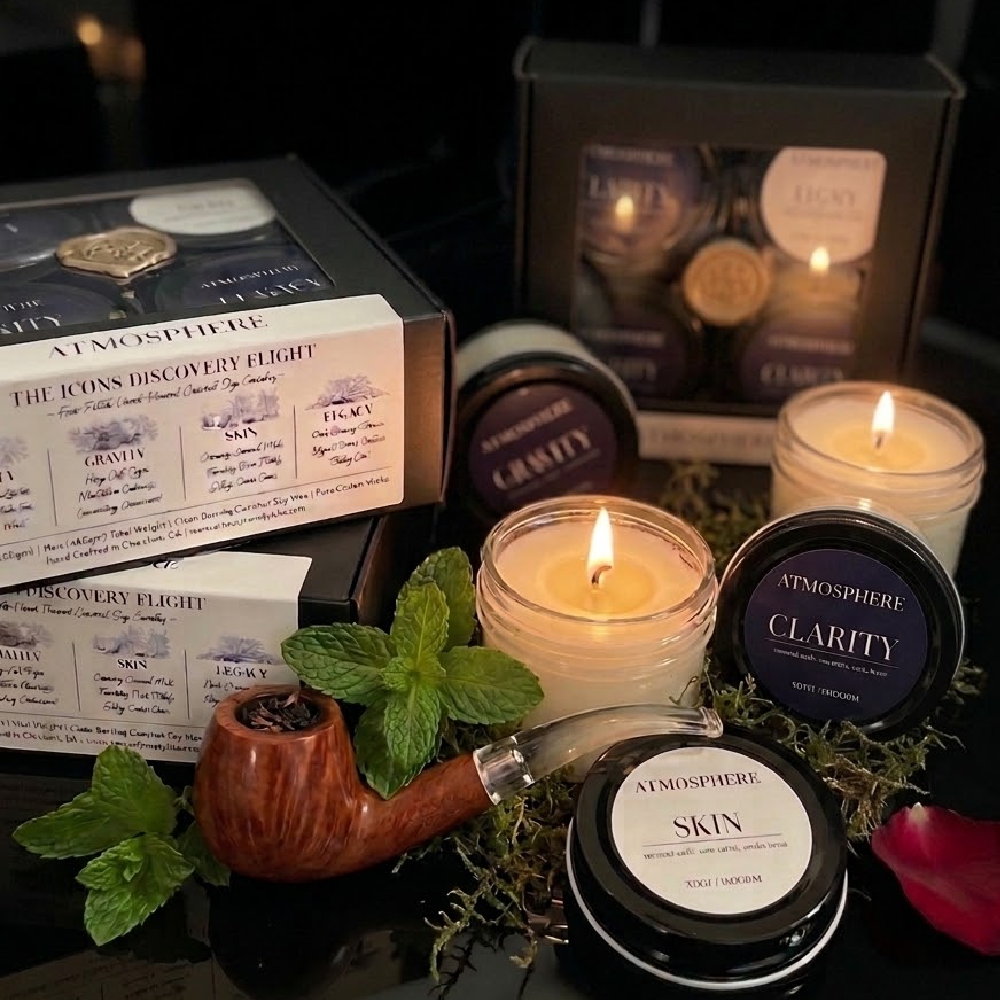 The Icons Discovery Set showing four burning candles with black gift packaging