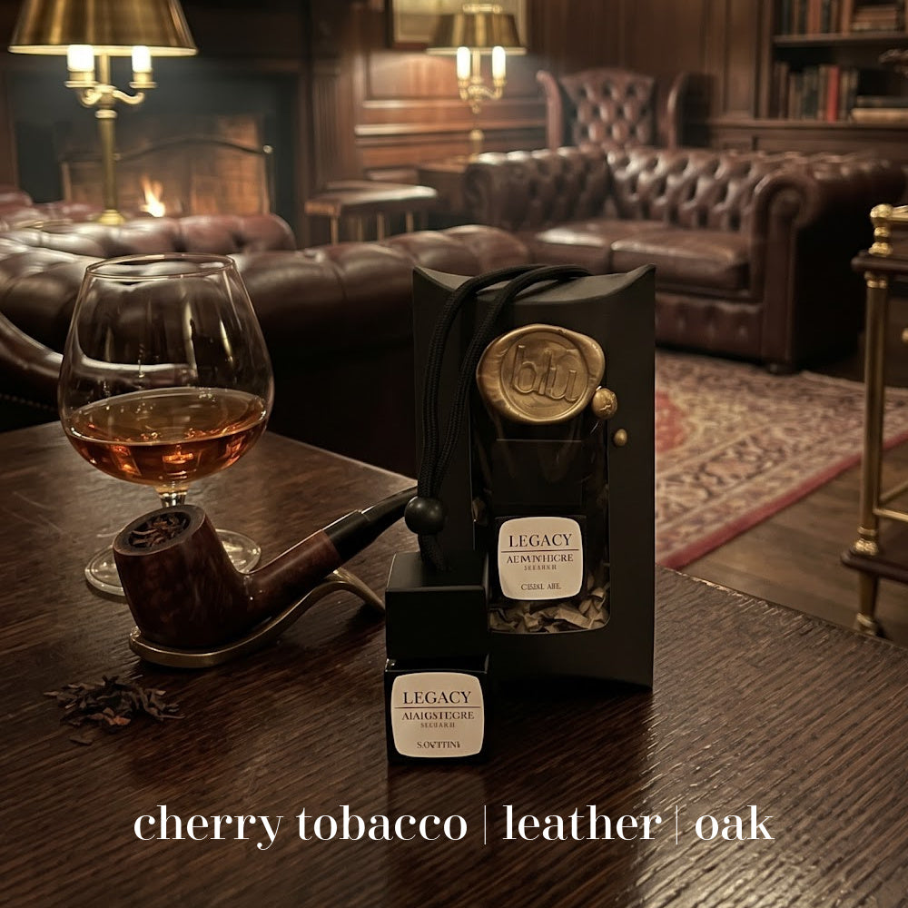 LEGACY leather tobacco car diffuser in luxury packaging on wooden table with pipe and bourbon
