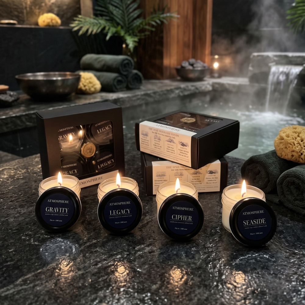 The Noir Discovery Set featuring four dark masculine candles in a luxury gift box