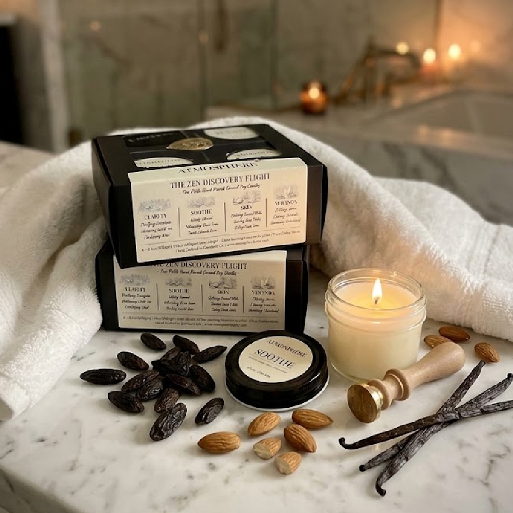 The Zen Discovery Flight gift box with gold wax stamp and glowing candles with our soothe candle