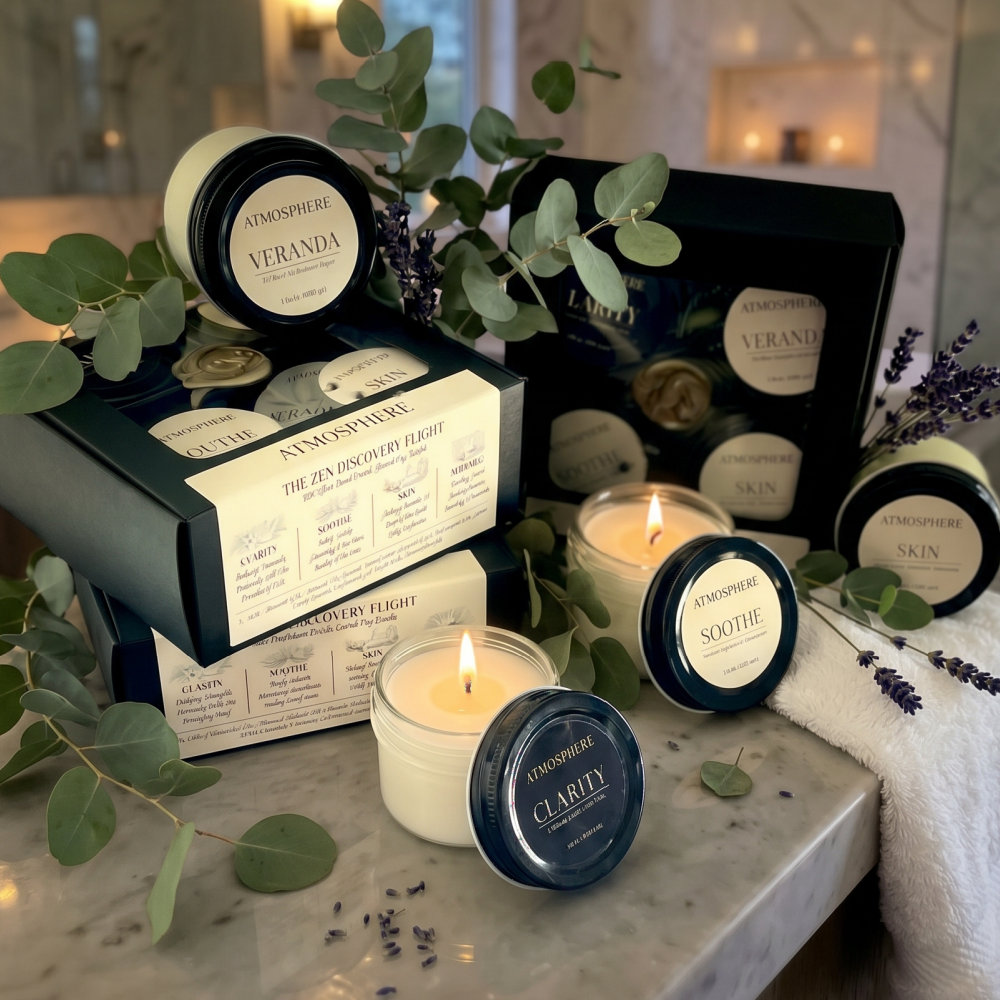 A styled arrangement of Atmosphere brand scented candles and gift boxes on a marble surface, surrounded by eucalyptus leaves and lavender sprigs. Visible candle labels include Veranda, Zen and Company Flight, Soothe, and Clarity, with one candle lit in the foreground.