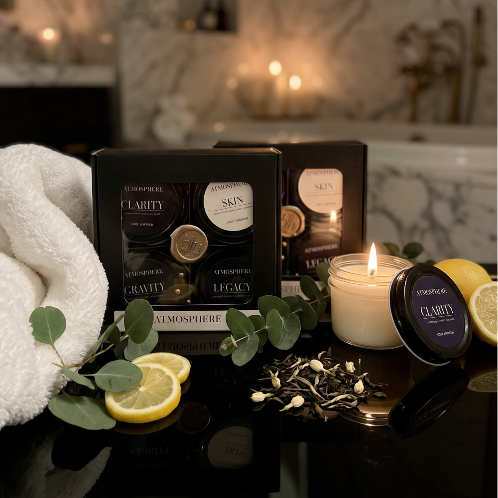 The Zen Discovery Flight featuring Clarity candle with fresh lemons and tea leaves
