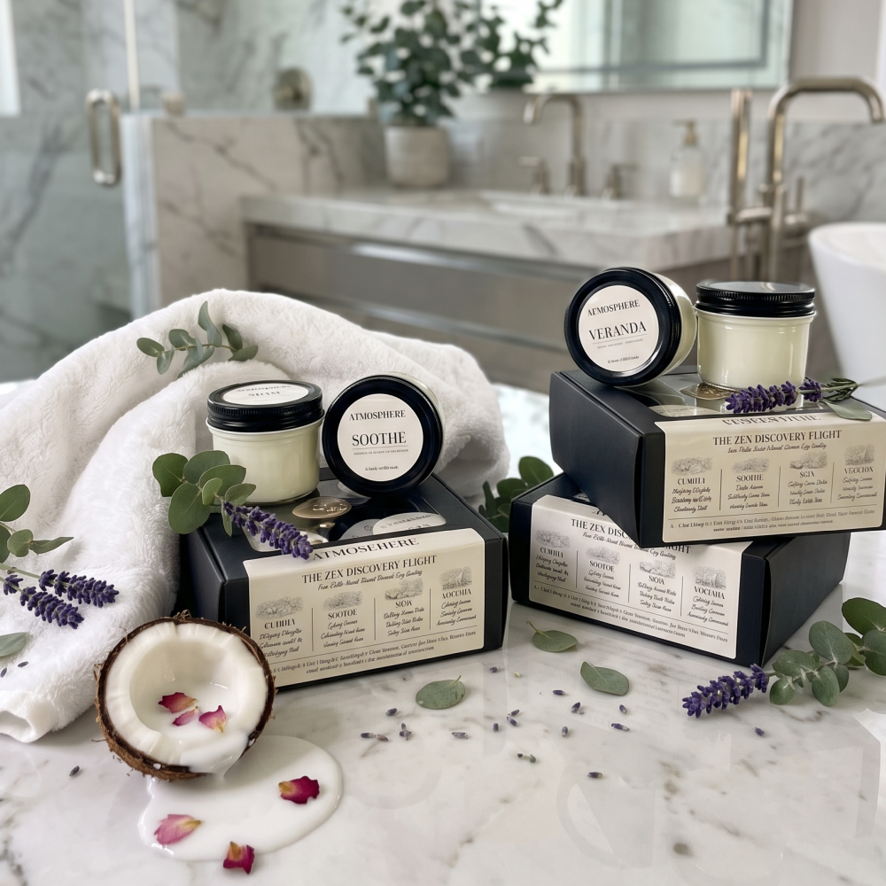 Three candle products in glass jars with black lids and matching black boxes are arranged on a marble bathroom counter with a white towel, eucalyptus leaves, lavender sprigs, and a halved coconut. The labels read 'The Zen Apothecary' and the scents 'Soothe' and 'Seranda'.