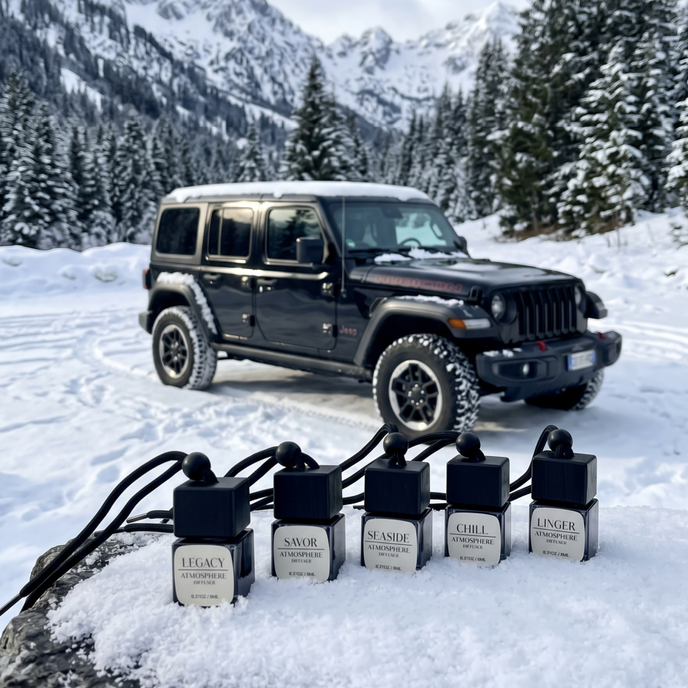 CHILL hanging car diffuser displayed in front of sports car on scenic mountain road