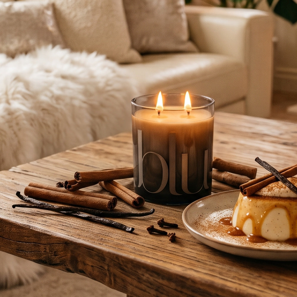 A double-wick Linger Artisan Candle by BLU burning on a rustic wood coffee table, surrounded by cinnamon sticks, vanilla pods, and a sweet, caramel-drizzled flan dessert with a cozy white sofa in the background.
