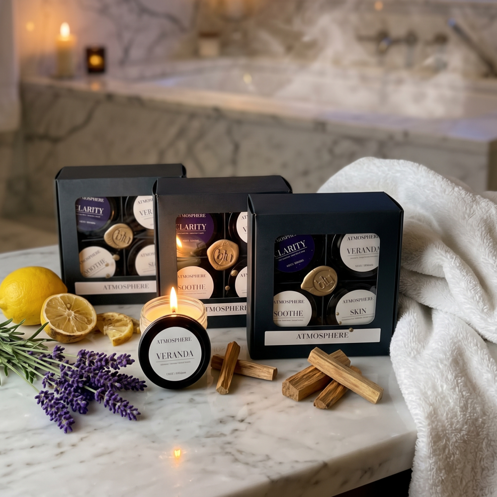 The Zen Discovery Flight gift packaging decorated with eucalyptus leaves and lavender