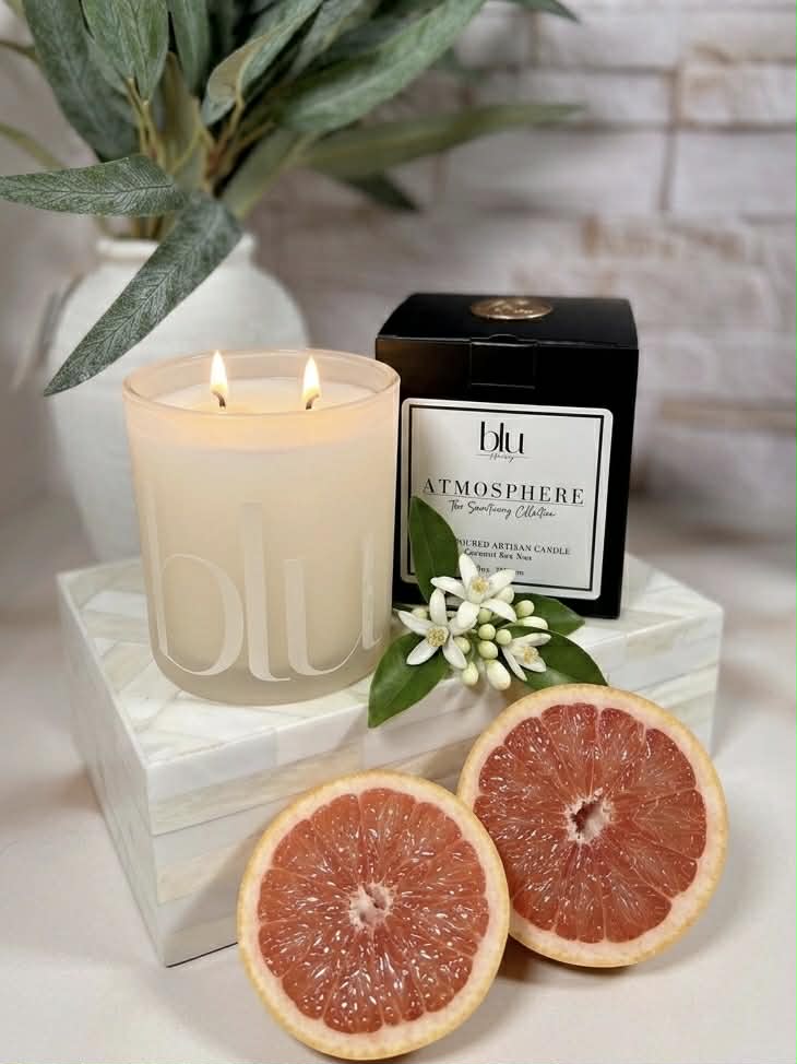 Quench Artisan Candle by Atmosphere by BLU, an 11oz luxury hand-poured candle in a frosted glass vessel designed for a restorative aroma ritual