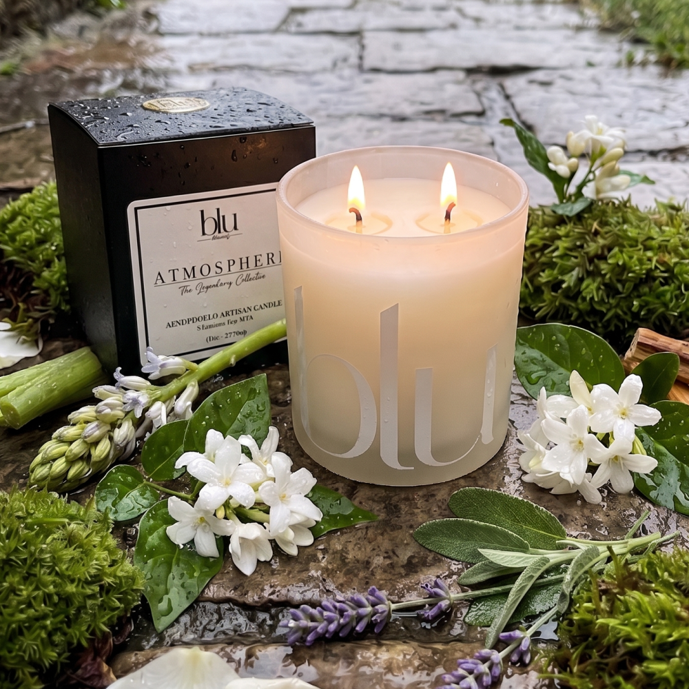 Blu candle with flowers and packaging on a stone surface scent of summer rain
