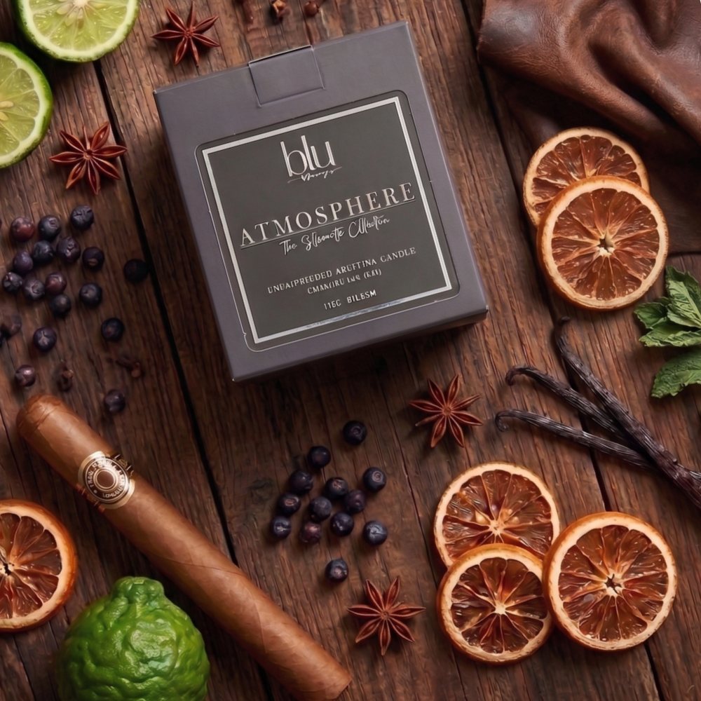 Blu Atmosphere candle packaging on a wooden surface with decorative elements like oranges, limes, and vanilla beans. Silhouette Collection, cipher artisan candle