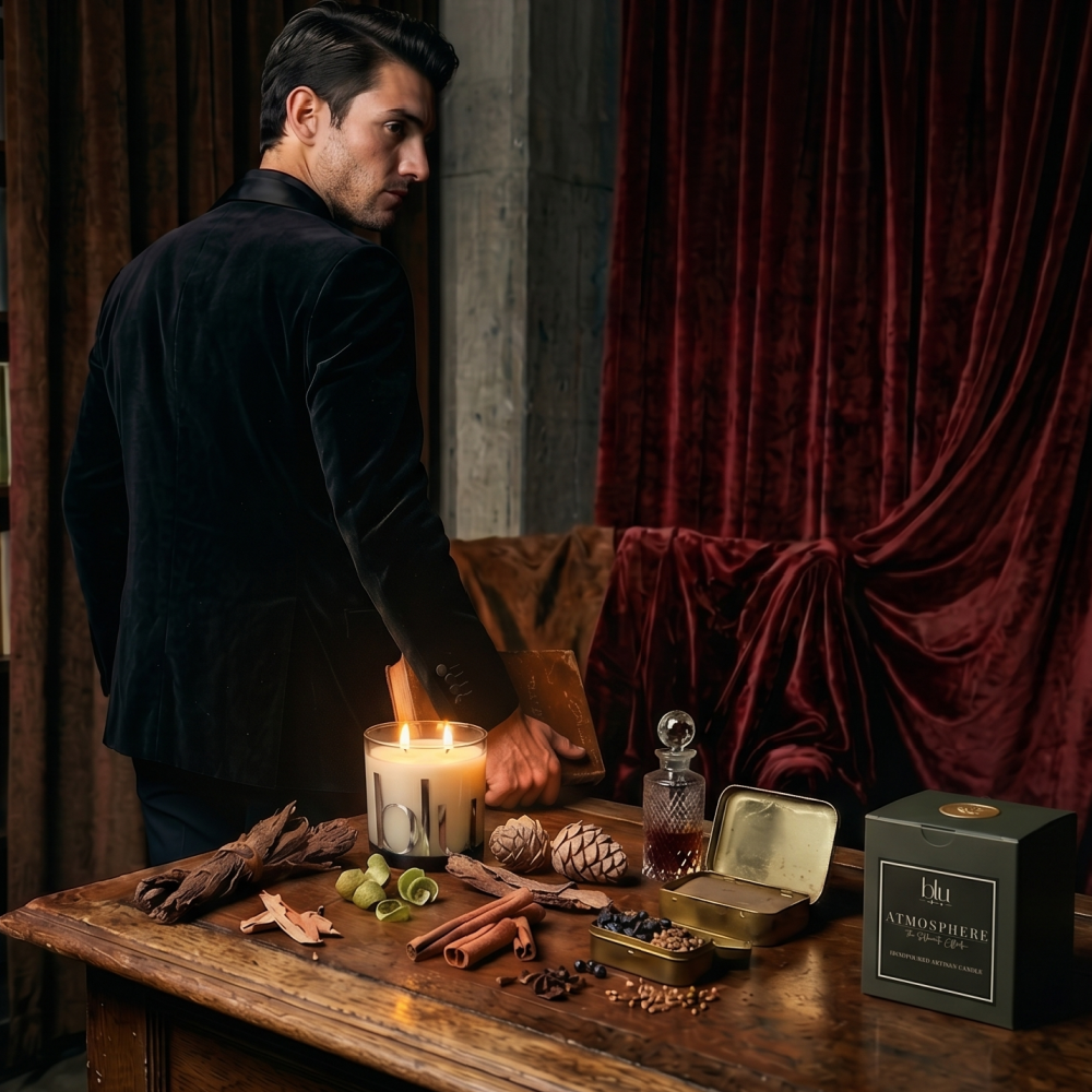 Man in a dark room with candles, incense, Masculine, shadow-kissed sanctuary
