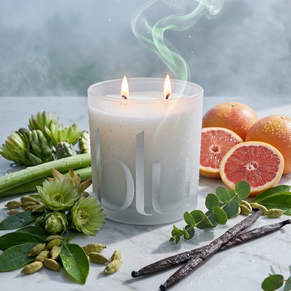 Candle with 'Boujee' branding surrounded by fruits, flowers, and vanilla beans on a light background, sanctuary collection