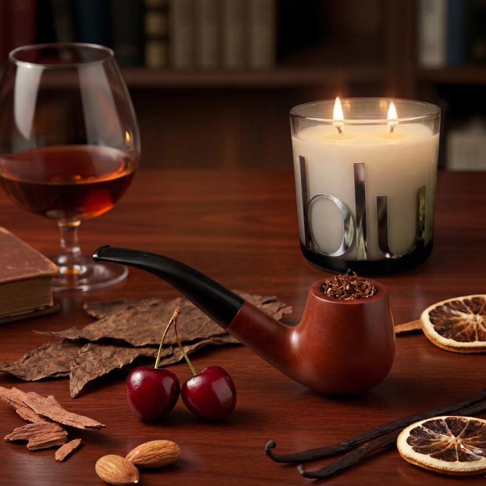 Glass of brandy, candle, smoking pipe, cherries, and dried oranges on a wooden table. masculine grounding scent 