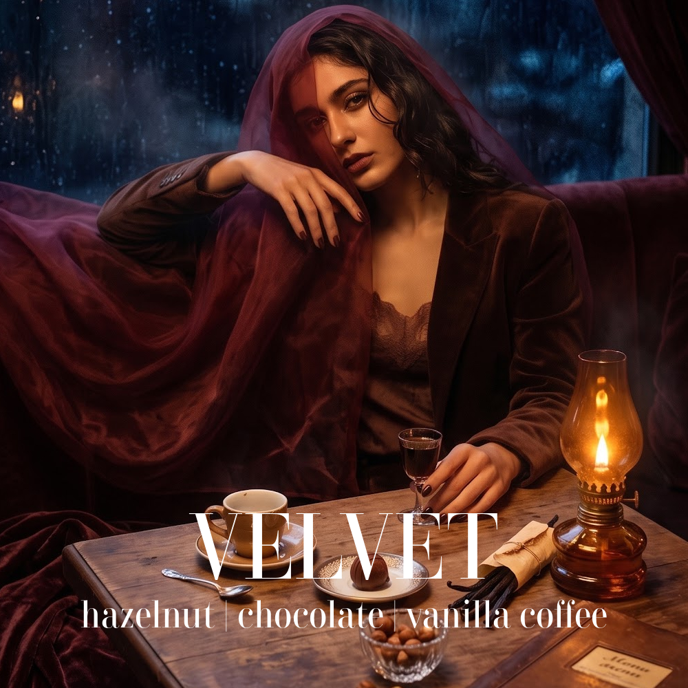 A woman in a dark brown velvet blazer and matching draped headscarf sits at a wooden table in a moody, dimly lit cafe or lounge setting. A lit oil lamp, a cup of coffee, and pastries are on the table, with the text 'VELVET hazelnut | chocolate | vanilla coffee' overlaid at the bottom. VELVET ARTISAN CANDLE
