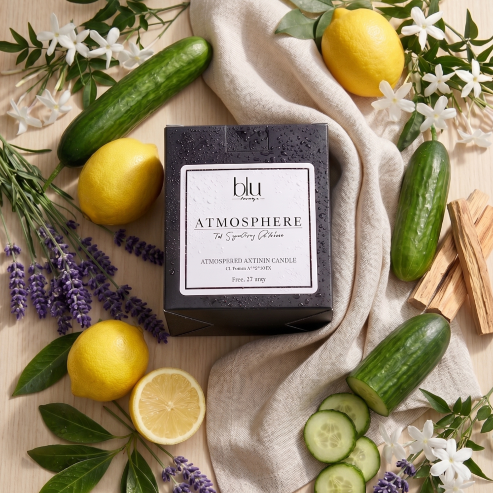 A square dark gray candle box labeled 'blu wellness Atmosphere' is arranged in a styled flat lay with cucumbers, lemons, lavender, white flowers, wood bark, and a beige linen cloth on a light wood surface. Veranda Artisan Candle