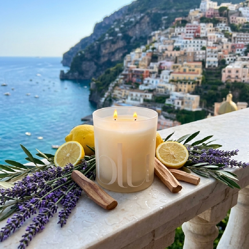 A lit candle in a frosted glass jar sits on a stone balcony with lemons, lavender, cinnamon sticks, and a scenic coastal town and sea in the background. The candle label shows the brand 'blu'. lemon lavender sandalwood candle